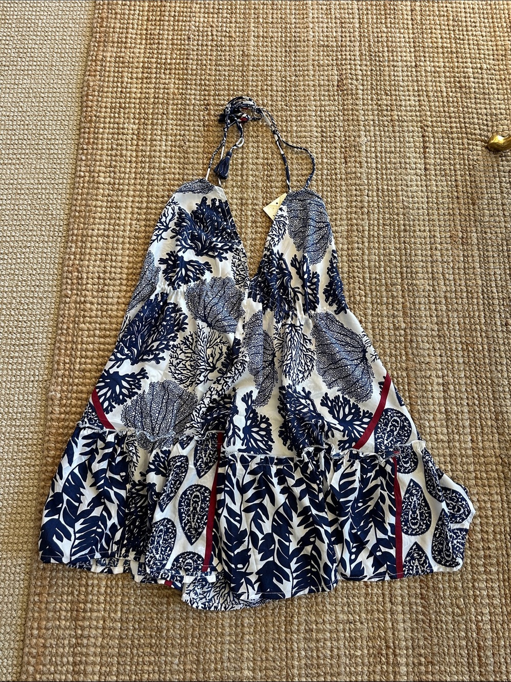 Silk Navy Coral Print Halter Mini Dress